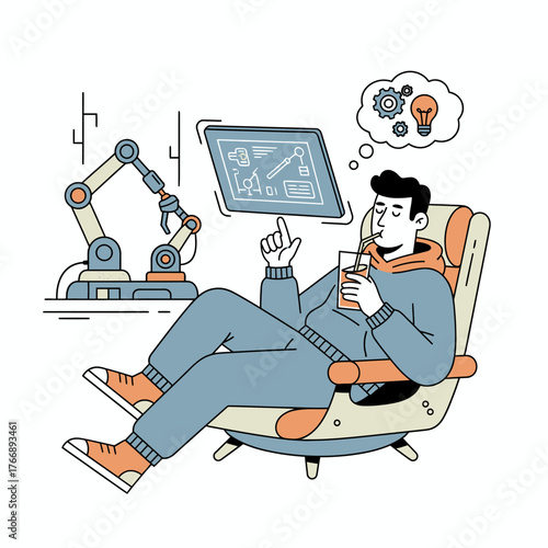 Relaxed individual envisioning technological innovation and automation, interacting with digital engineering designs on a tablet, symbolizing forward-thinking problem-solving and future concepts