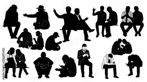 Seated Human Silhouettes — Men, Women, and Couples in Various Poses on White Background, Minimalist Vector Illustration