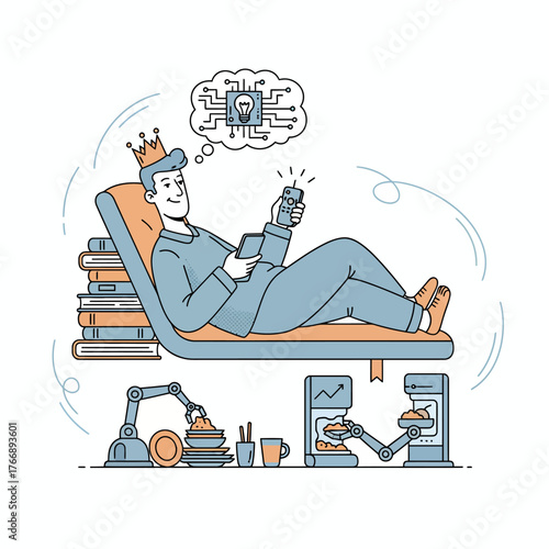 King of Automation A Whimsical Illustration of a Man Enjoying the Perks of Technology and Automated Services