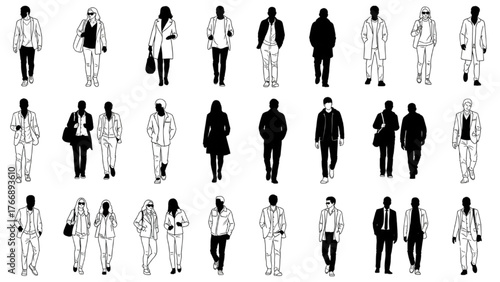 Diverse Human Figures Grid - Outlined Silhouettes in Various Poses on White Background, Minimalist Vector Illustration