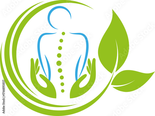 Zwei Hände und Person, Orthopädie, Physiotherapie und Massage Logo, Hintergrund 
