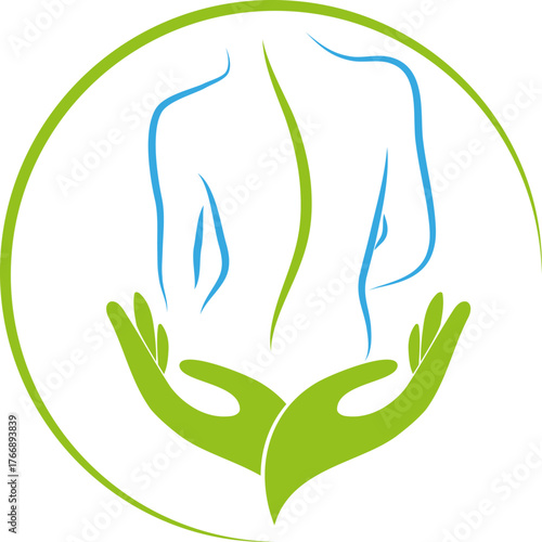 Zwei Hände und Person, Orthopädie, Physiotherapie und Massage Logo, Hintergrund 