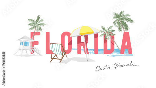 Florida slogan with palm trees and beach chair vector illustration - hand drawn