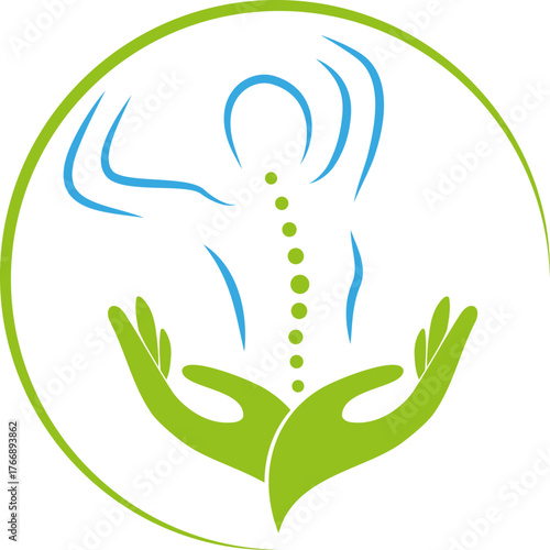 Zwei Hände und Person, Orthopädie, Physiotherapie und Massage Logo, Hintergrund 