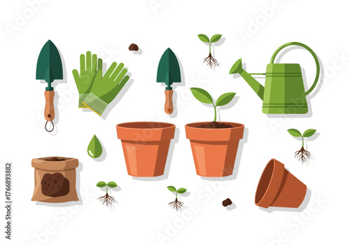 Gardening tools  plants trowels gloves pots watering can  sprouts