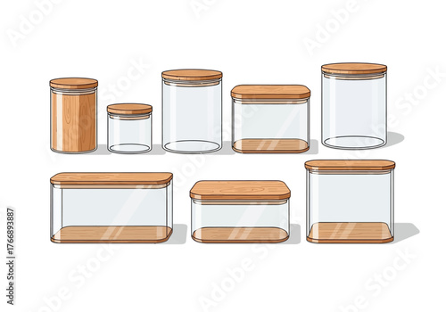 Seven clear glass jars with wooden lids various shapes and sizes line up on a white surface