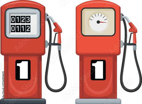 Vintage gas pump illustration, red fuel dispenser, analog and digital, retro design, fuel station, nozzle hose, industrial concept, classic style, energy theme