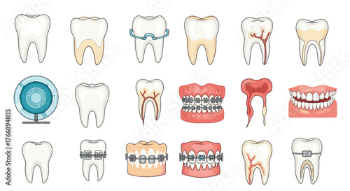 A comprehensive collection of vector illustrations detailing dental health, common diseases, and orthodontic treatments.