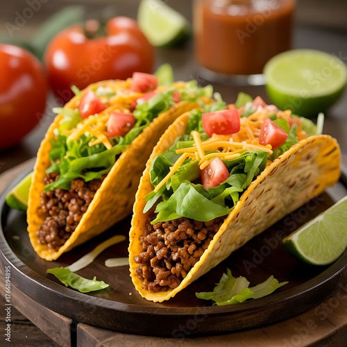 Two appetizing crunchy tacos filled with seasoned ground beef lettuce and tomato
