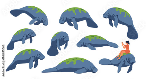 Various manatees with green moss on their backs, featuring one being ridden by a person holding a torch.