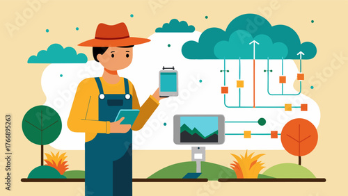 A farmer remotely monitors their irrigation system through the cloud adjusting water usage based on soil moisture data for optimal efficiency.. Vector illustration