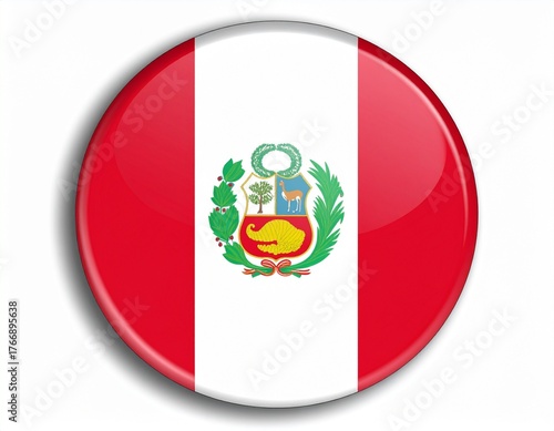 Peru Flag Button with Coat of Arms on White Background