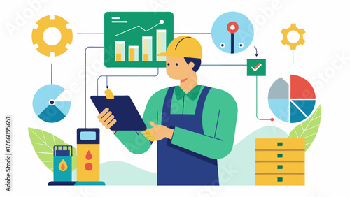 A farmer views a detailed breakdown of production costs including labor machinery and materials in their digital tracking system to identify areas for improvement.. Vector illustration