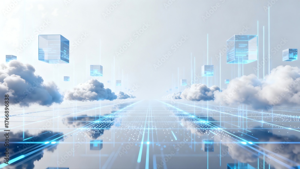 Fototapeta premium Reflective Digital Cloud Path with Glowing Data Cubes