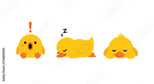Three adorable yellow ducklings displaying different moods including surprised, sleepy, and content, on a white background.
