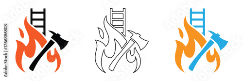 Firefighter icon axe ladder flames graphic symbol,fire,flame,rescue,emergency,safety,danger,alarm,service,help,support,editable stroke
