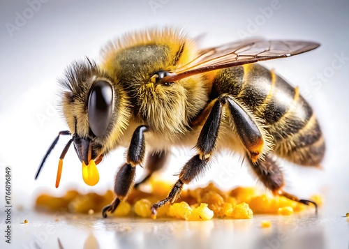 Wallpaper Mural Extreme close up macro of a fuzzy honey bee collecting bright yellow pollen granules on a white surface Torontodigital.ca