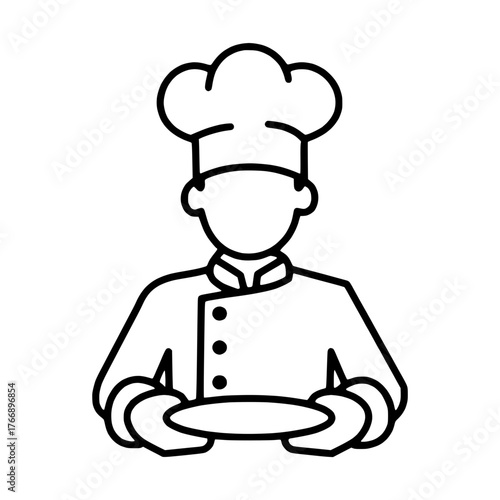 Handmade Outline chef with serving plate vector symbol for food and restaurant
