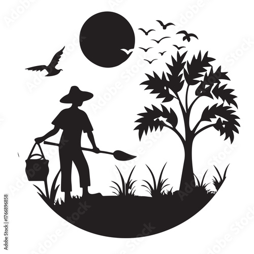 Silhouette of a farmer with a bucket and hoe under a large moon