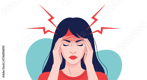 Woman with dark hair and red shirt clutches her temples in pain, visualizing a severe headache or migraine with red lightning bolts radiating from her forehead.