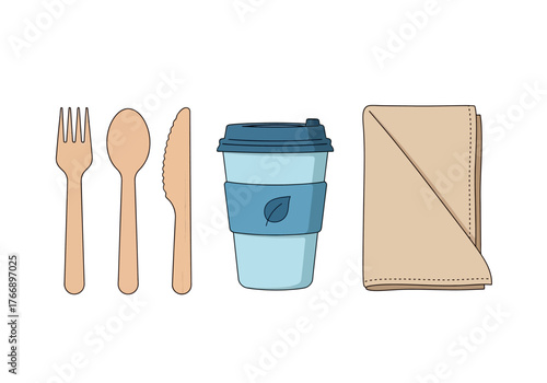 Ecofriendly utensils wood fork spoon knife blue reusable cup with leaf  tan napkin