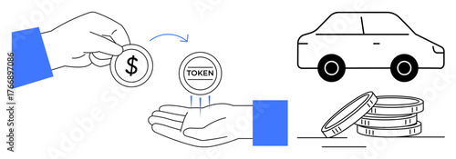 Hand exchanging dollar coin for token, car outline, and coin stack. Ideal for finance, blockchain, car sales, trade, payment investment e-commerce. Simple flat metaphor
