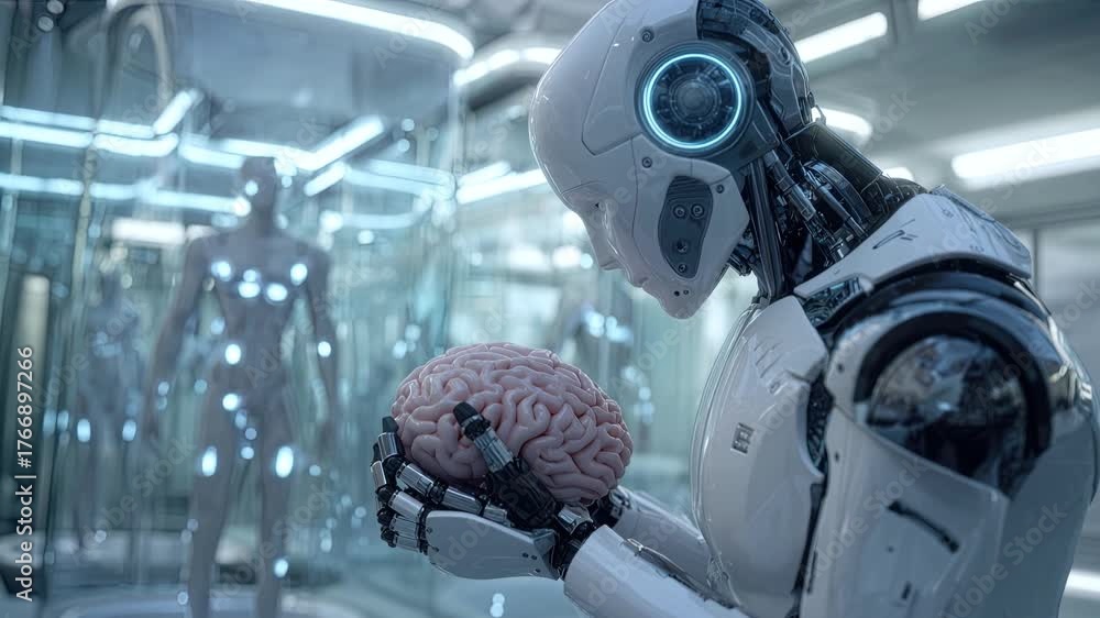 Humanoid robot carefully examines human brain model in futuristic ...