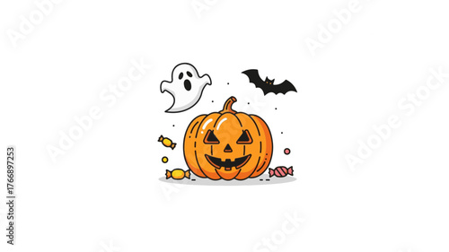 Spooky Halloween fun with a grinning pumpkin, friendly ghost, and sweets, perfect for seasonal designs, invitations, and festive promotions
