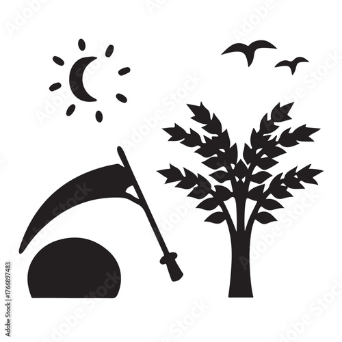 Symbolic scene of harvest and nature with scythe and crescent moon