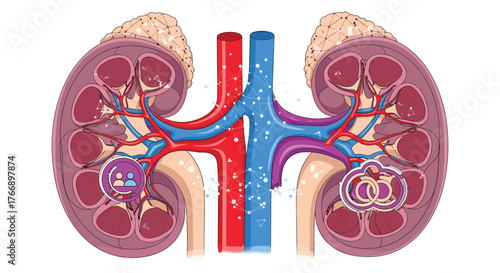 Anatomical illustration of human kidneys with interconnected blood vessels, adorned with abstract network patterns and symbolic icons representing health and data.