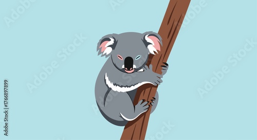 A cute cartoon koala clings to a brown tree branch against a light blue background.