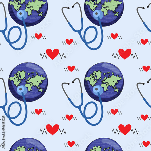 Vector seamless pattern with stethoscope, world and hearts.