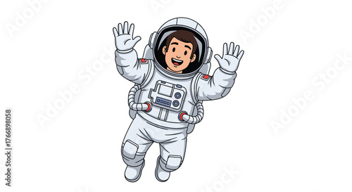A cartoon astronaut waving happily in space, a whimsical illustration of a person in a spacesuit floating with outstretched arms, smiling cheerfully in zero gravity environment.
