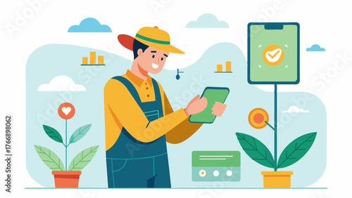 A farmer using a smartphone app powered by AI inputting crop growth data and receiving customized recommendations for fertilization and pest control.. Vector illustration