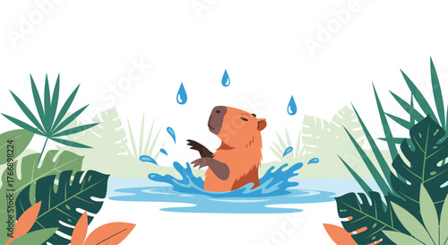 Cute cartoon capybara splashing in water with raindrops and tropical leaves.