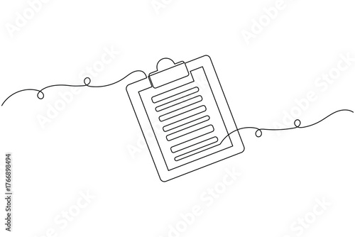 Minimalist single line art of task checklist clipboard and pen for business planning concept