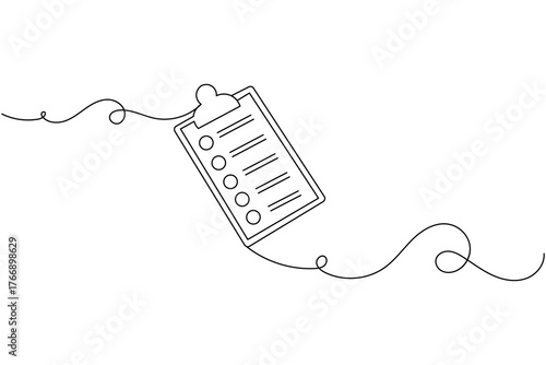 Minimalist single line art of task checklist clipboard and pen for business planning concept