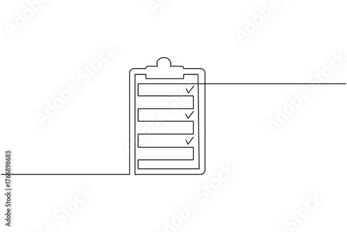 Minimalist single line art of task checklist clipboard and pen for business planning concept