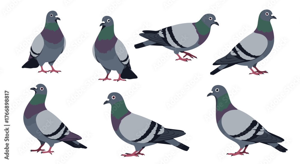 Obraz premium A collection of pixelated pigeons in various poses showcases the simple charm and quirky character of these urban birds.