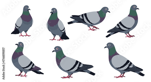A collection of pixelated pigeons in various poses showcases the simple charm and quirky character of these urban birds.