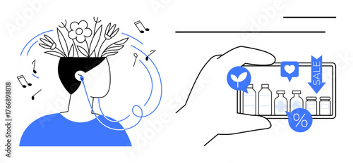 Floral head imagery, earbuds, music notes, hand holding smartphone with shopping icons thumbs up sale and percentage. Ideal for wellness, self-care, e-commerce, mindfulness, digital behavior