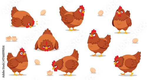 A collection of cartoon chickens with various expressions and eggs on a white background, perfect for a poultry-themed design project or illustration.