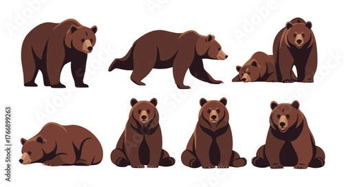 Collection of cartoon brown bears in various playful and resting poses on a white background.