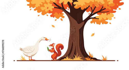 An autumnal scene depicts a goose and squirrel interacting beneath a tree with vibrant orange leaves.