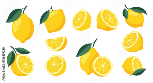 A cheerful illustration showcases a vibrant array of lemons, both whole and halved, with lush green leaves adding a fresh touch.