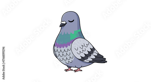 A cute cartoon pigeon with closed eyes stands peacefully, showcasing its beautiful iridescent neck feathers and fluffy body.