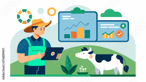 A farmer using an AIpowered dashboard to visualize their livestocks health data and make informed decisions about herd management and veterinary care.. Vector illustration
