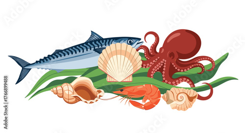 A vibrant illustration showcasing a diverse selection of seafood, artfully arranged on a bed of green aquatic plants, evoking a fresh and appetizing scene.