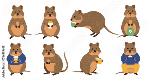 Charming cartoon quokkas enjoying various beverages and treats, perfect for whimsical illustrations and designs.