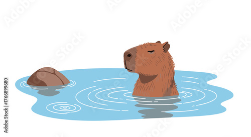 A relaxed capybara enjoys a soothing moment in the water, near a rock, a tranquil scene of serenity and comfort.